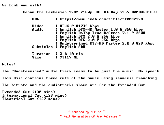 NFO for the release Conan.the.Barbarian.1982.COMPLETE.UHD.BLURAY-B0MBARDiERS by B0MBARDiERS