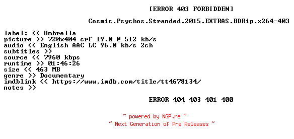 NFO for the release Cosmic.Psychos.Stranded.2015.EXTRAS.BDRip.x264-403 by 403