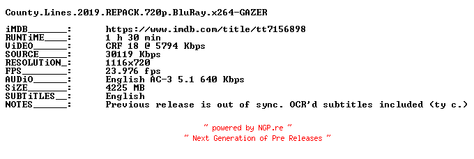 NFO for the release County.Lines.2019.REPACK.720p.BluRay.x264-GAZER by GAZER