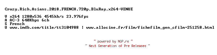 NFO for the release Crazy.Rich.Asians.2018.FRENCH.720p.BluRay.x264-VENUE by VENUE