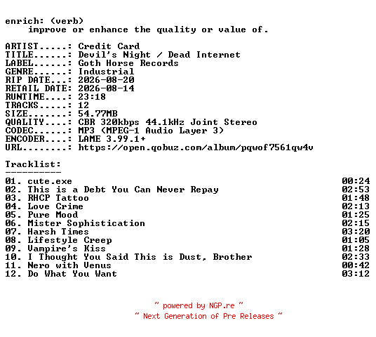 NFO for the release Credit_Card-Devils_Night__Dead_Internet-WEB-2026-ENRiCH by ENRiCH