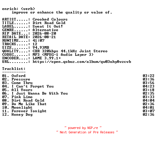 NFO for the release Crooked_Colours-Dirt_Road_Gold-WEB-2026-ENRiCH by ENRiCH