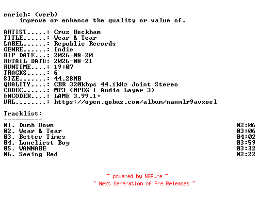 NFO for the release Cruz_Beckham-Wear_and_Tear-EP-WEB-2026-ENRiCH by ENRiCH