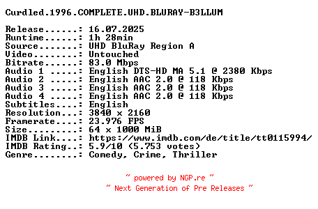 NFO for the release Curdled.1996.COMPLETE.UHD.BLURAY-B3LLUM by B3LLUM