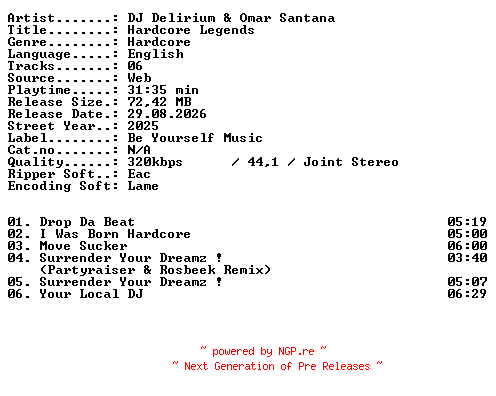 NFO for the release DJ_Delirium_and_Omar_Santana-Hardcore_Legends-WEB-2025-XTC_iNT by XTC_iNT