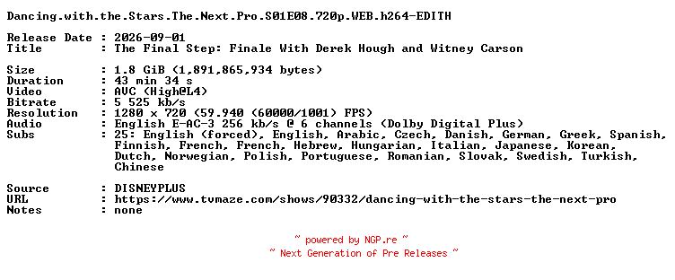 NFO for the release Dancing.with.the.Stars.The.Next.Pro.S01E08.720p.WEB.h264-EDITH by EDITH