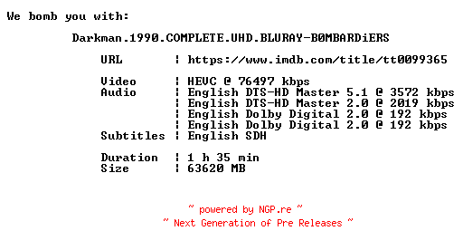 NFO for the release Darkman.1990.COMPLETE.UHD.BLURAY-B0MBARDiERS by B0MBARDiERS