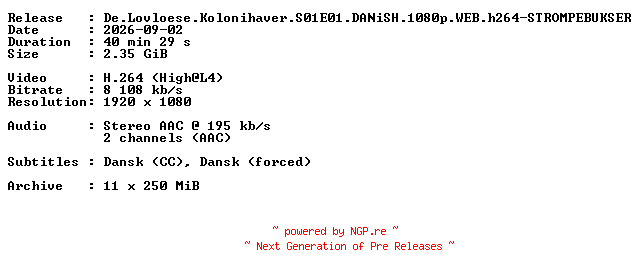 NFO for the release De.Lovloese.Kolonihaver.S01E01.DANiSH.1080p.WEB.h264-STROMPEBUKSER by STROMPEBUKSER