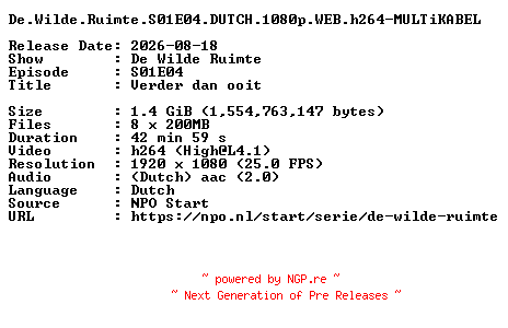 NFO for the release De.Wilde.Ruimte.S01E04.DUTCH.1080p.WEB.h264-MULTiKABEL by MULTiKABEL