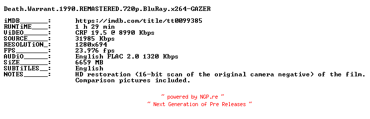 NFO for the release Death.Warrant.1990.REMASTERED.720p.BluRay.x264-GAZER by GAZER