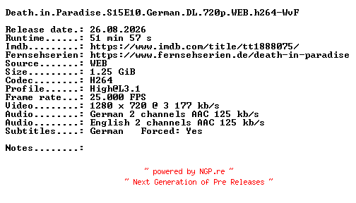 NFO for the release Death.in.Paradise.S15E10.German.DL.720p.WEB.h264-WvF by WvF