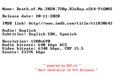 NFO for the release Death.of.Me.2020.720p.BluRay.x264-PiGNUS by PiGNUS