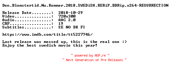 NFO for the release Den.Blomstertid.Nu.Kommer.2018.SWEDiSH.RERiP.BDRip.x264-RESURRECTION by RESURRECTION