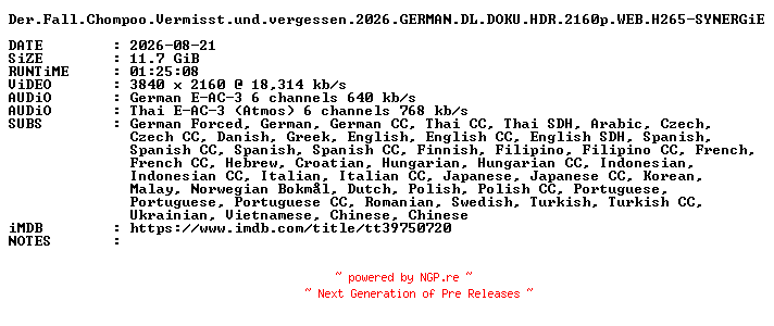 NFO for the release Der.Fall.Chompoo.Vermisst.und.vergessen.2026.GERMAN.DL.DOKU.HDR.2160p.WEB.H265-SYNERGiE by SYNERGiE