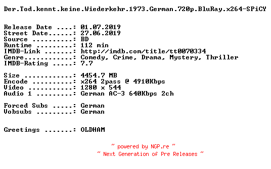 NFO for the release Der.Tod.kennt.keine.Wiederkehr.1973.German.720p.BluRay.x264-SPiCY by SPiCY