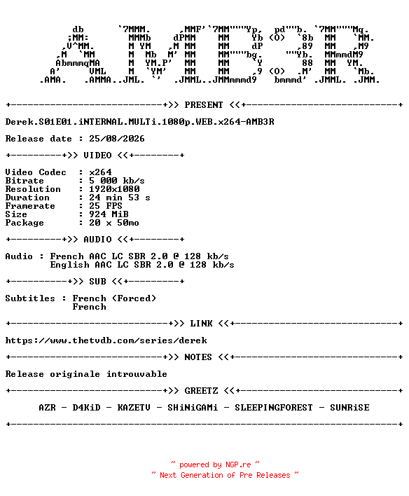 NFO for the release Derek.S01E01.iNTERNAL.MULTi.1080p.WEB.x264-AMB3R by AMB3R
