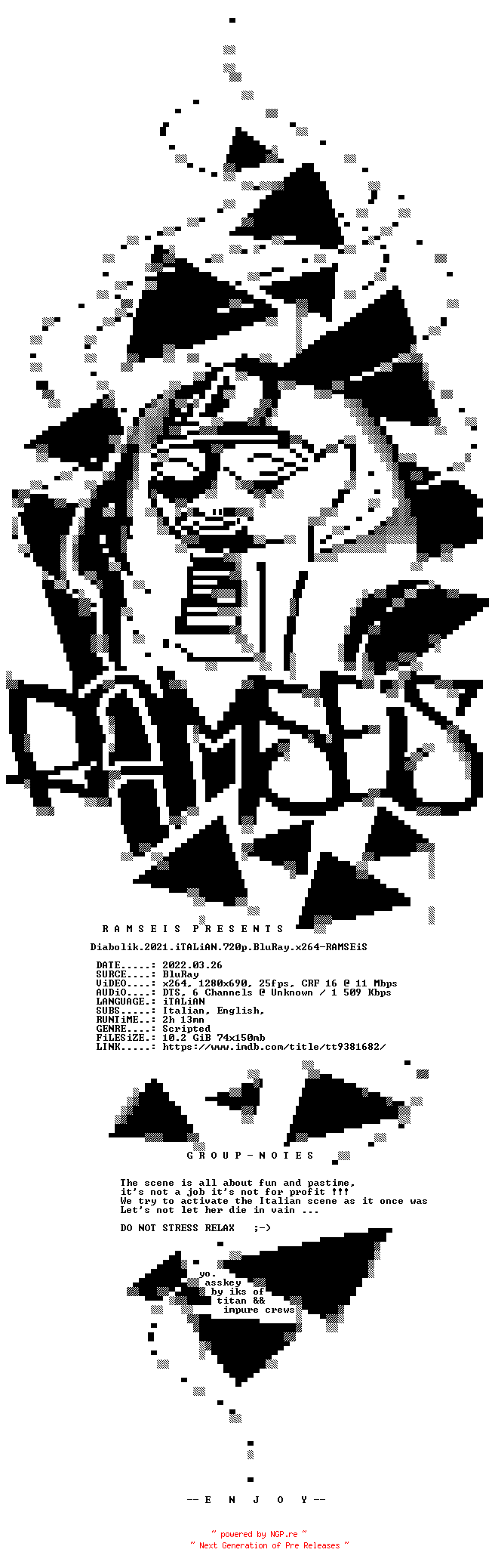 NFO for the release Diabolik.2021.iTALiAN.720p.BluRay.x264-RAMSEiS by RAMSEiS