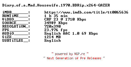 NFO for the release Diary.of.a.Mad.Housewife.1970.BDRip.x264-GAZER by GAZER