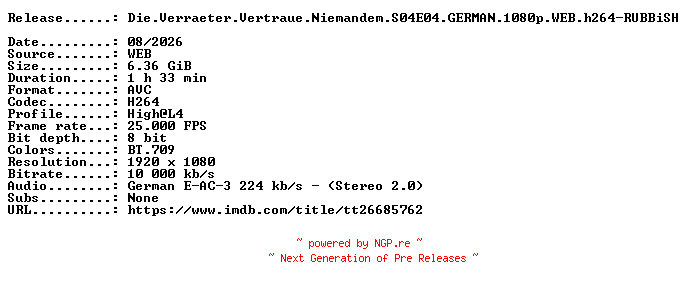 NFO for the release Die.Verraeter.Vertraue.Niemandem.S04E04.GERMAN.1080p.WEB.h264-RUBBiSH by RUBBiSH