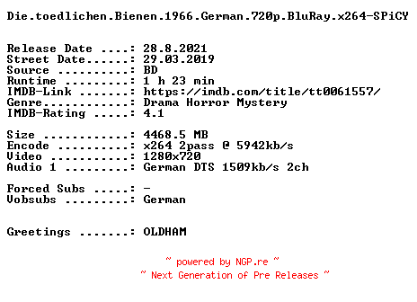 NFO for the release Die.toedlichen.Bienen.1966.German.720p.BluRay.x264-SPiCY by SPiCY