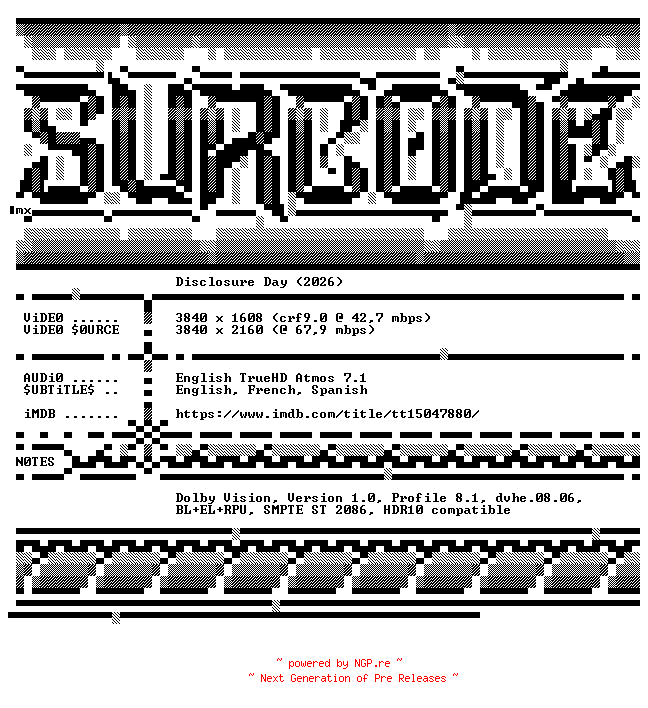 NFO for the release Disclosure.Day.2026.2160p.UHD.BluRay.x265-SURCODE by SURCODE