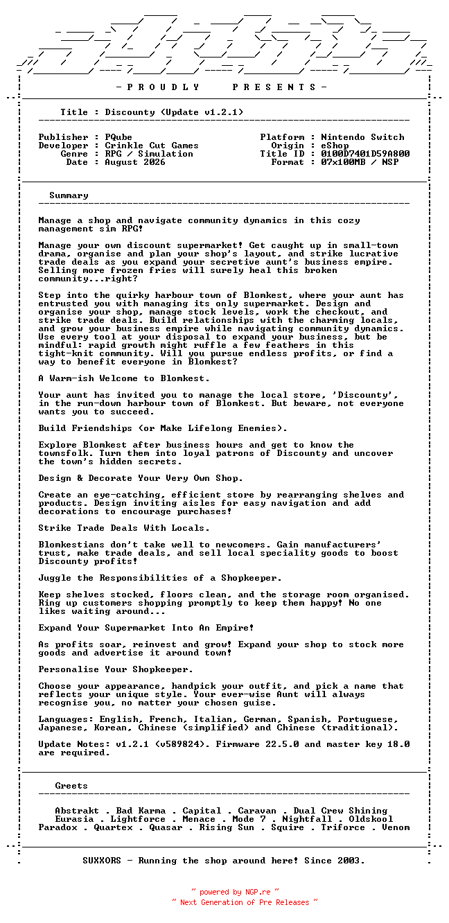 NFO for the release Discounty_Update_v1.2.1_NSW-SUXXORS by SUXXORS