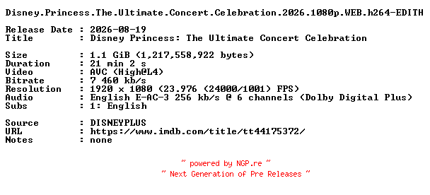 NFO for the release Disney.Princess.The.Ultimate.Concert.Celebration.2026.1080p.WEB.h264-EDITH by EDITH