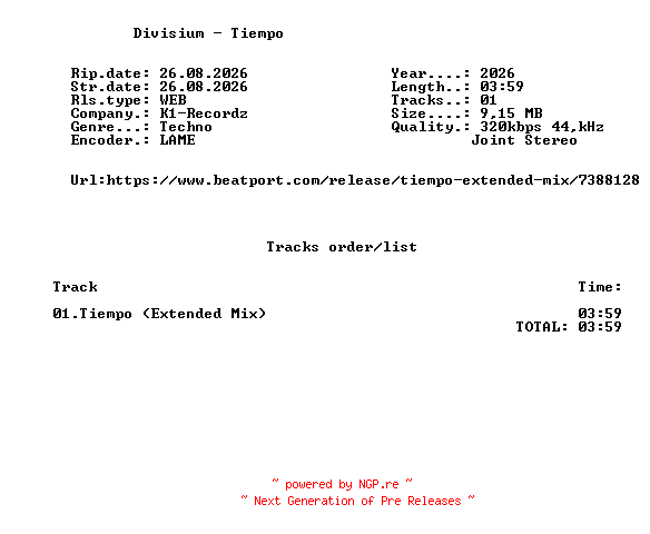 NFO for the release Divisium_-_Tiempo-(K1R381)-SINGLE-WEB-2026-FMC by FMC