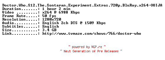 NFO for the release Doctor.Who.S12.The.Sontaran.Experiment.Extras.720p.BluRay.x264-OUIJA by OUIJA