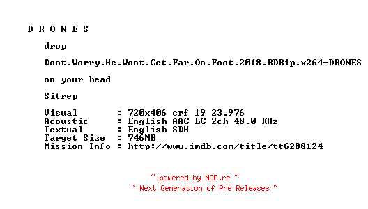 NFO for the release Dont.Worry.He.Wont.Get.Far.On.Foot.2018.BDRip.x264-DRONES by DRONES