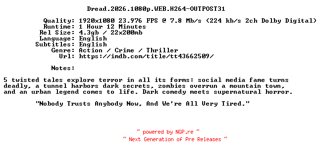 NFO for the release Dread.2026.1080p.WEB.H264-OUTPOST31 by OUTPOST31