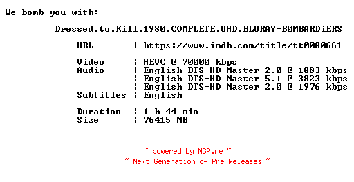 NFO for the release Dressed.to.Kill.1980.COMPLETE.UHD.BLURAY-B0MBARDiERS by B0MBARDiERS