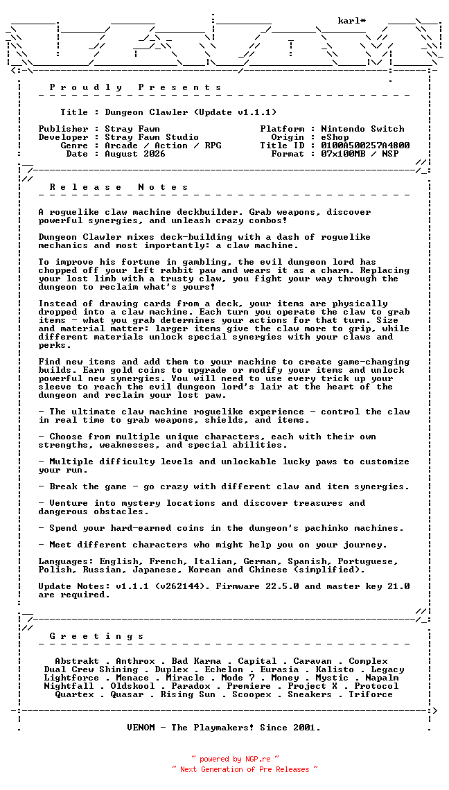 NFO for the release Dungeon_Clawler_Update_v1.1.1_NSW-VENOM by VENOM