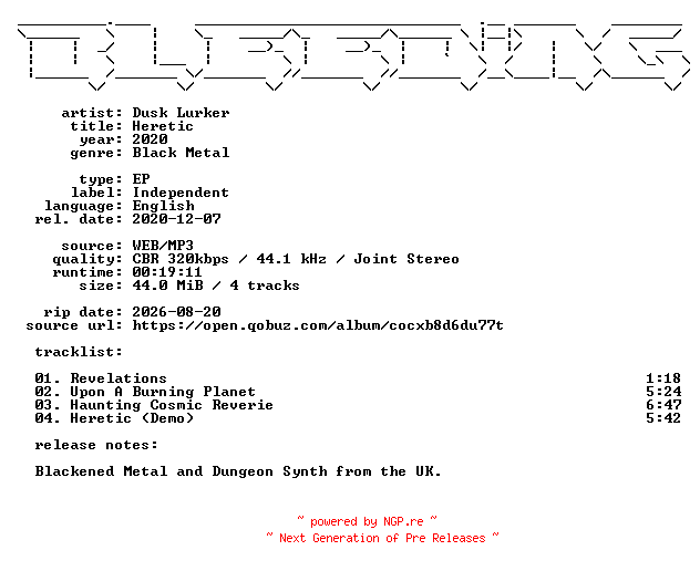 NFO for the release Dusk_Lurker-Heretic-EP-WEB-2020-BLEEDiNG by BLEEDiNG