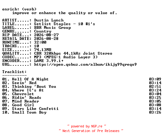 NFO for the release Dustin_Lynch-Setlist_Staples__10_1s-WEB-2026-ENRiCH by ENRiCH