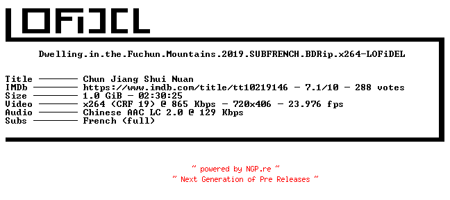 NFO for the release Dwelling.in.the.Fuchun.Mountains.2019.SUBFRENCH.BDRip.x264-LOFiDEL by LOFiDEL