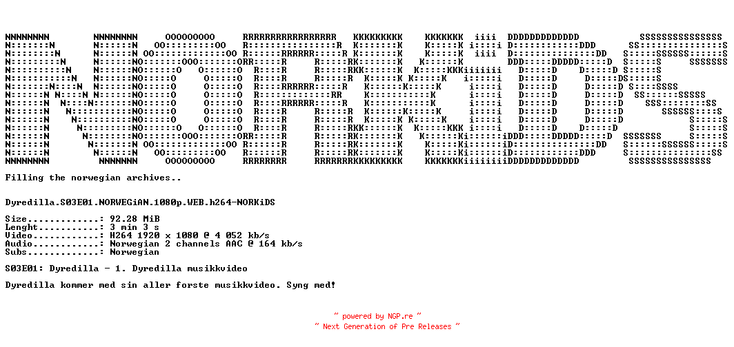 NFO for the release Dyredilla.S03E01.NORWEGiAN.1080p.WEB.h264-NORKiDS by NORKiDS