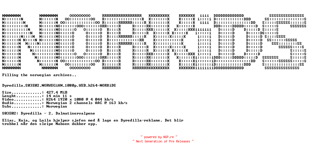 NFO for the release Dyredilla.S03E02.NORWEGiAN.1080p.WEB.h264-NORKiDS by NORKiDS