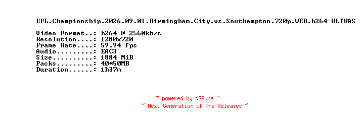 NFO for the release EFL.Championship.2026.09.01.Birmingham.City.vs.Southampton.720p.WEB.h264-ULTRAS by ULTRAS