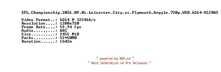 NFO for the release EFL.Championship.2026.09.01.Leicester.City.vs.Plymouth.Argyle.720p.WEB.h264-ULTRAS by ULTRAS