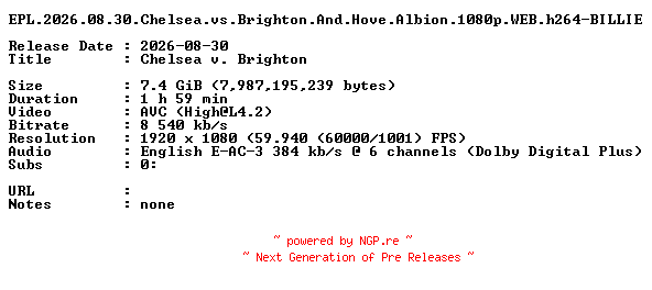 NFO for the release EPL.2026.08.30.Chelsea.vs.Brighton.And.Hove.Albion.1080p.WEB.h264-BILLIE by BILLIE