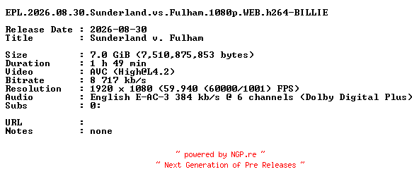 NFO for the release EPL.2026.08.30.Sunderland.vs.Fulham.1080p.WEB.h264-BILLIE by BILLIE