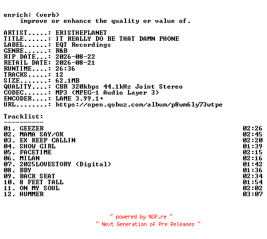 NFO for the release ERISTHEPLANET-IT_REALLY_DO_BE_THAT_DAMN_PHONE-WEB-2026-ENRiCH by ENRiCH