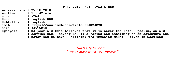 NFO for the release Edie.2017.BDRip.x264-EiDER by EiDER