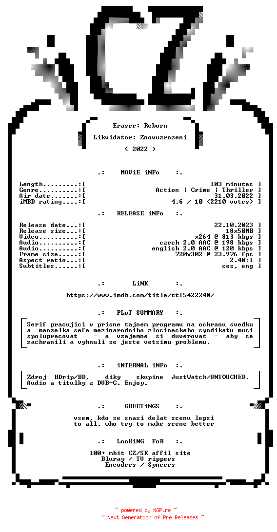 NFO for the release Eraser.Reborn.2022.iNTERNAL.CZECH.DUAL.BDRip.x264-iCZi by iCZi