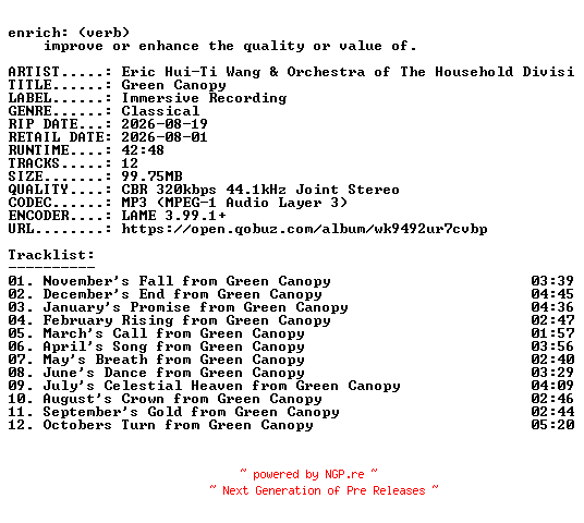 NFO for the release Eric_Hui-Ti_Wang_and_Orchestra_of_The_Household_Division-Green_Canopy-WEB-2026-ENRiCH by ENRiCH