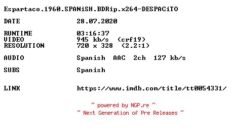 NFO for the release Espartaco.1960.SPANiSH.BDRip.x264-DESPACiTO by DESPACiTO