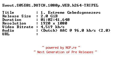NFO for the release Ewout.S05E01.DUTCH.1080p.WEB.h264-TRIPEL by TRIPEL