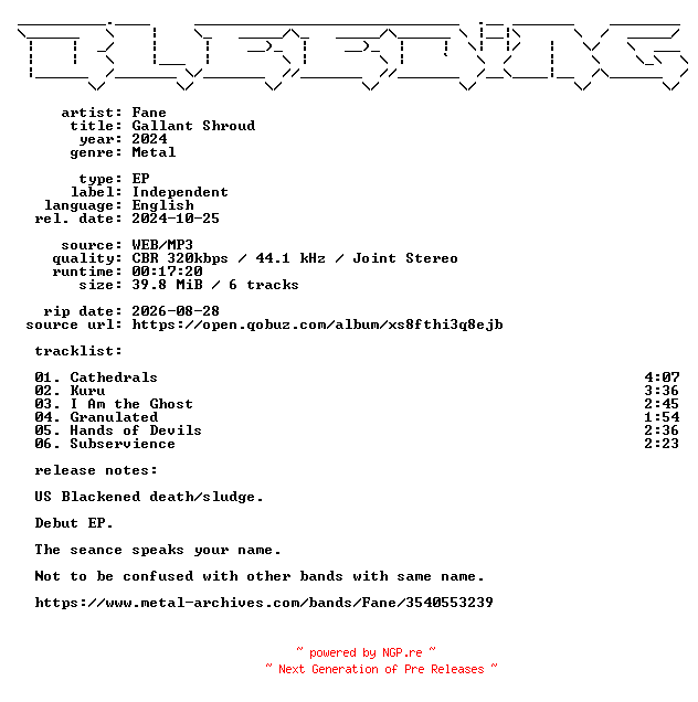 NFO for the release Fane-Gallant_Shroud-EP-WEB-2024-BLEEDiNG by BLEEDiNG