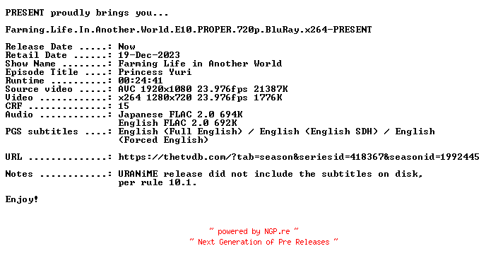 NFO for the release Farming.Life.In.Another.World.E10.PROPER.720p.BluRay.x264-PRESENT by PRESENT